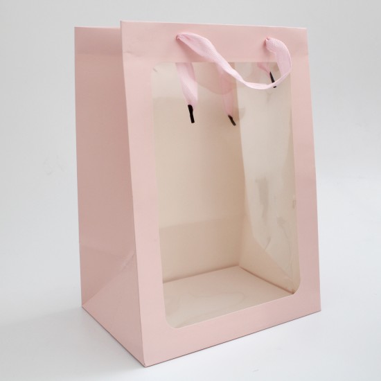 Бумажный подарочный пакет с окном 19*28*35см, 1шт."pink"